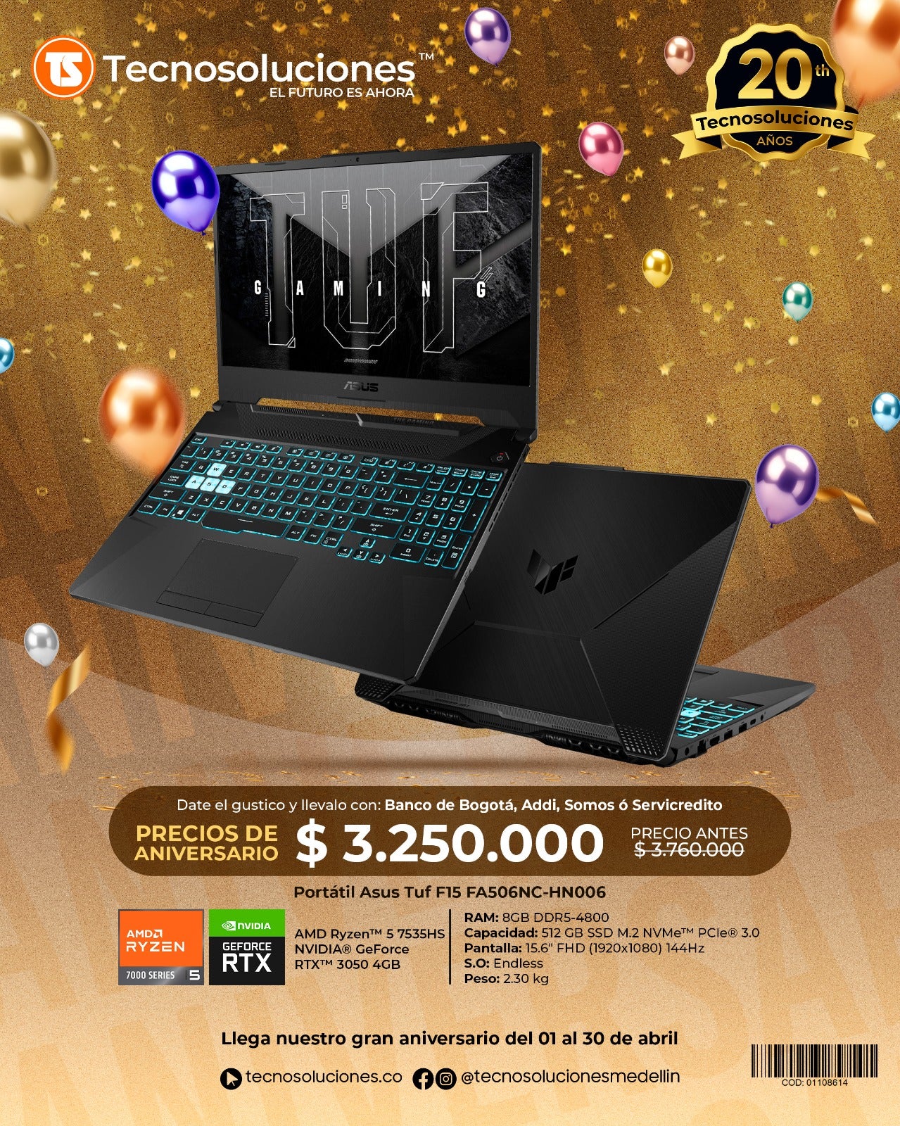 Portátil Asus TUF Gaming A15 Ryzen 5 7535HS