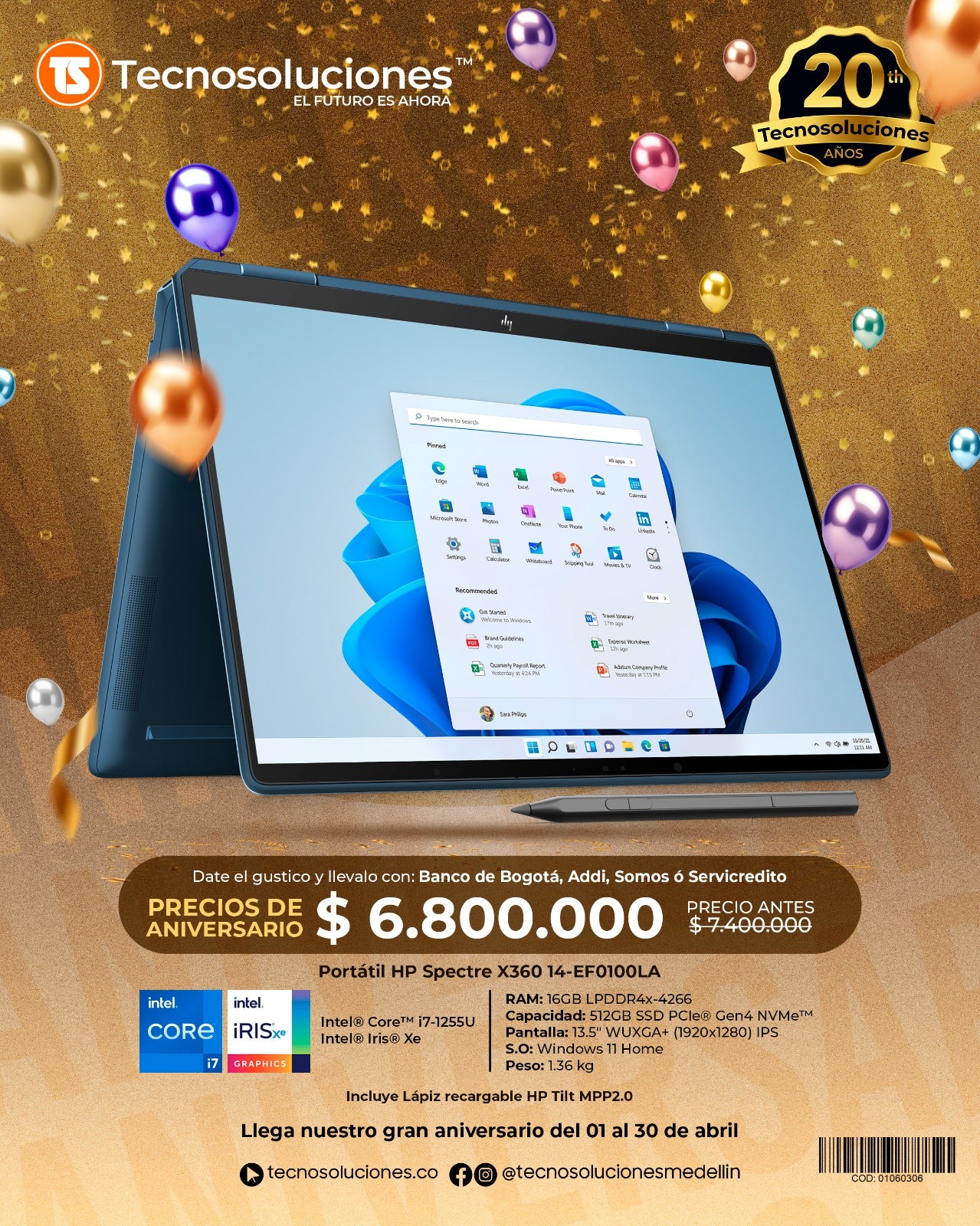 Portátil HP Spectre X360 CI7 1255U