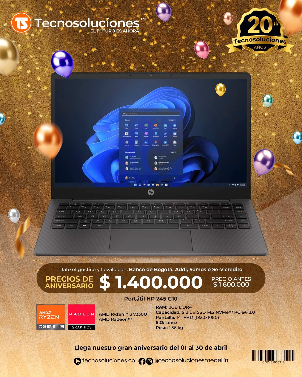 Portátil HP 245 G10 Ryzen 3 7330U