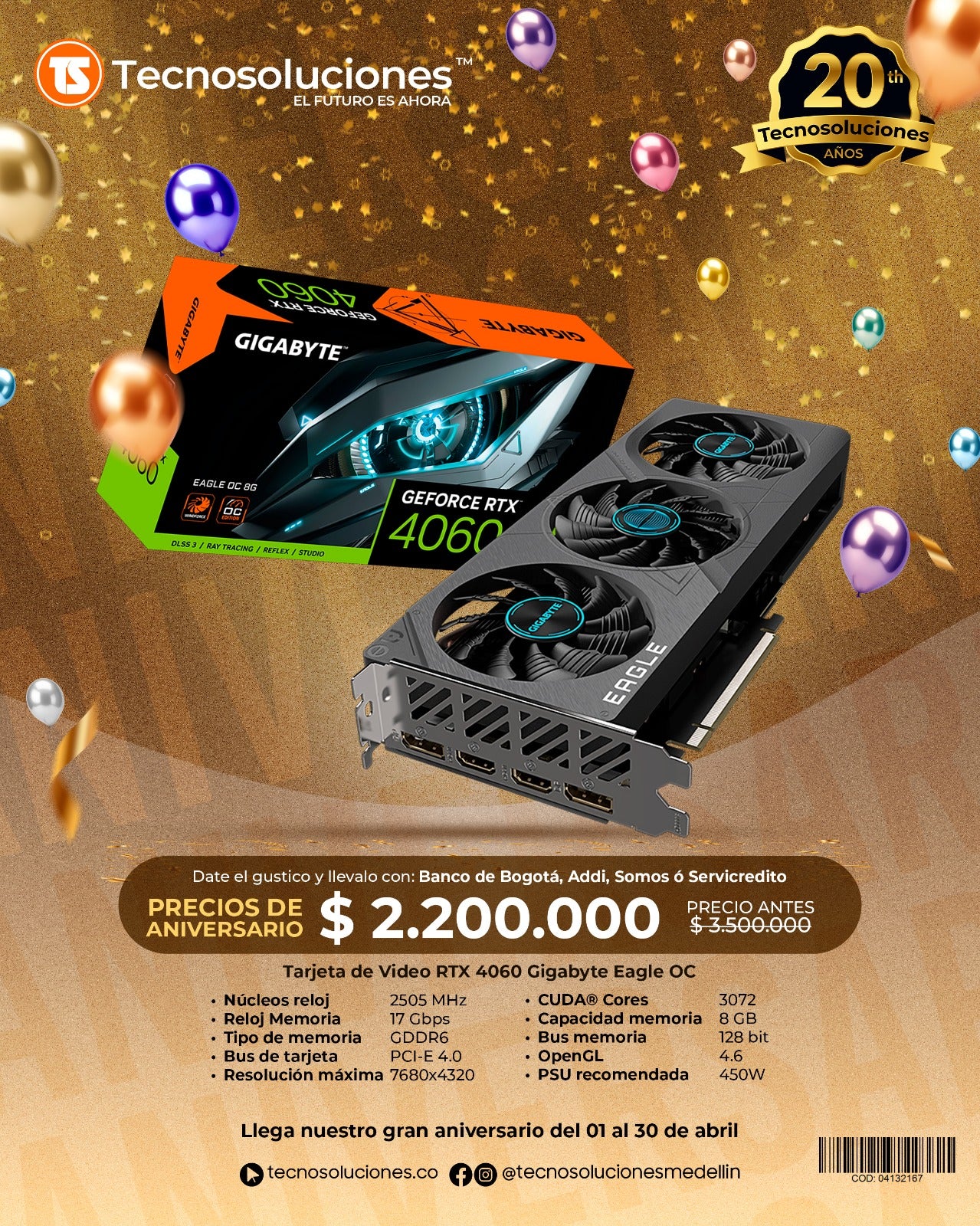 Tarjeta de Video GIGABYTE GeForce RTX 4060 EAGLE OC 8GB